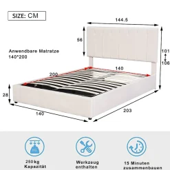 Blackcolors Lit Double 140x200cm Hydraulique LED Velours Blanc Crème* Lit Avec Rangement