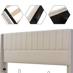 Lit double 160x200cm, lit rembourré hydraulique, lit de rangement avec sommier à lattes en bois, lin , beige><noscript><img width=