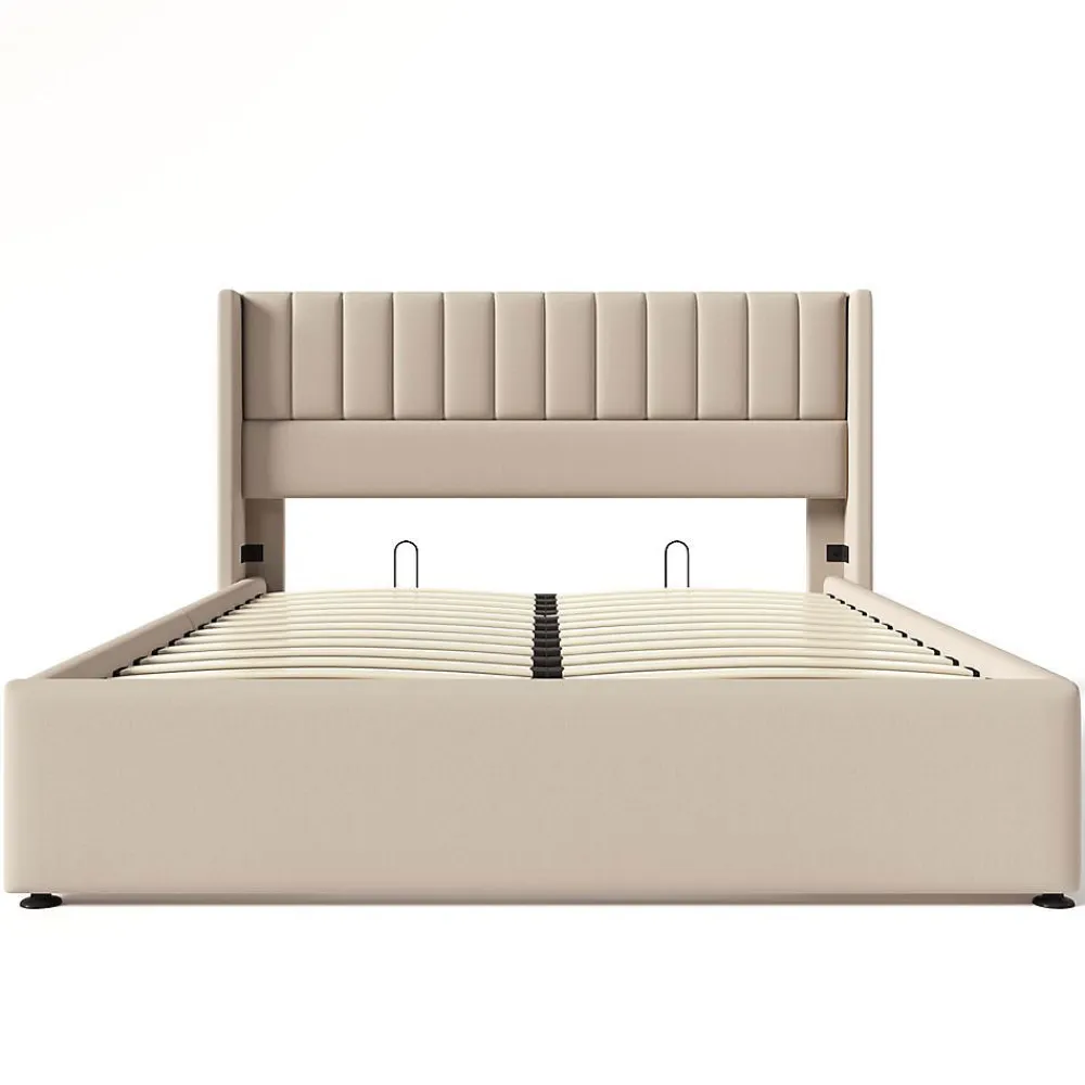 Lit Double 140x200cm Rembourré Hydraulique Lin Beige>Blackcolors Discount