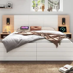 Blackcolors Lit Double 180X200Cm Usb Chevet Chêne Blanc* Lit Avec Rangement