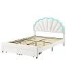 Generique Lit double 140x200,lit double capitonné,2 tiroirs en bout de lit,tête de lit pétale,LED réglable,velours,blanc* Lit Double