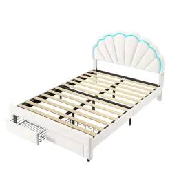Generique Lit double 140x200,lit double capitonné,2 tiroirs en bout de lit,tête de lit pétale,LED réglable,velours,blanc* Lit Double