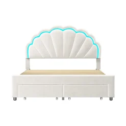 Generique Lit double 140x200,lit double capitonné,2 tiroirs en bout de lit,tête de lit pétale,LED réglable,velours,blanc* Lit Double