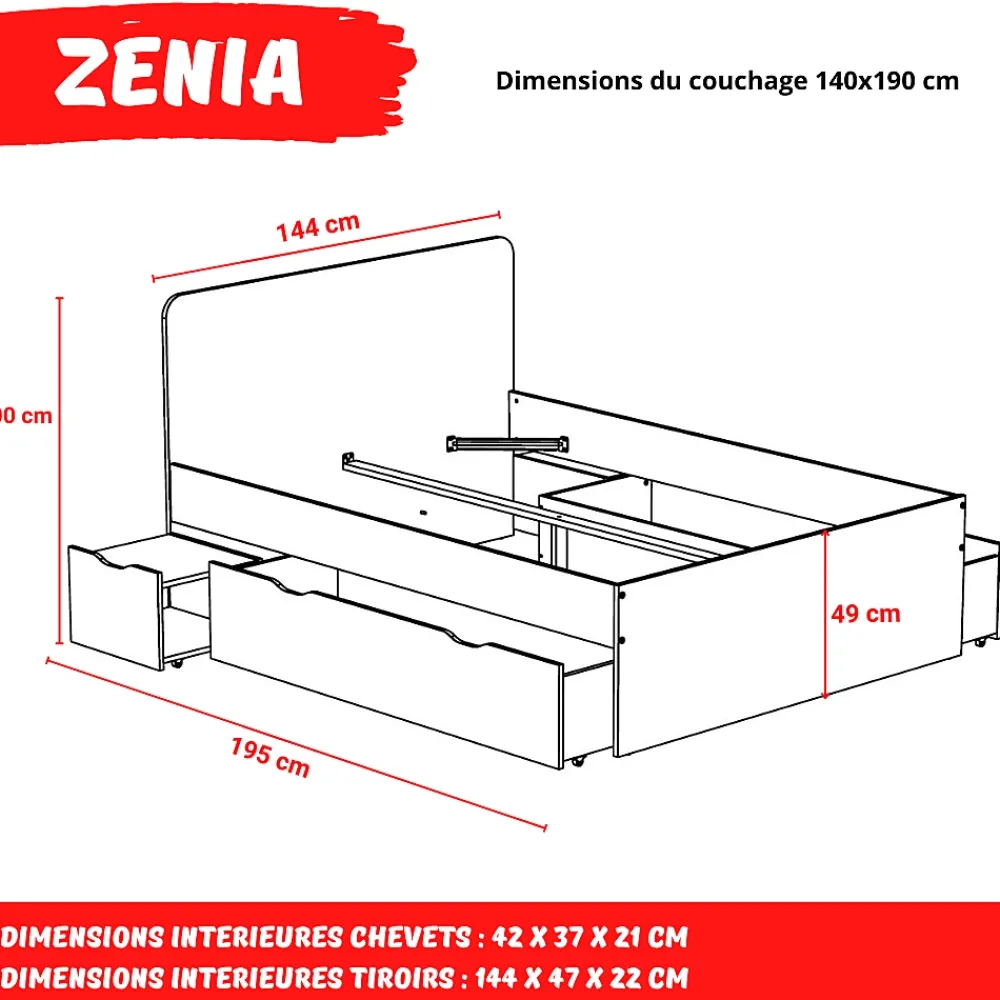 Weber Industries Lit double ZENIA 140x190 + 2 chevets + 2 tiroirs / Décor Chêne blanchi* Lit Avec Rangement