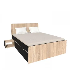Lit double ZENIA 140x190 + 2 chevets + 2 tiroirs / Décor Chêne blanchi & noir>Weber Industries Online