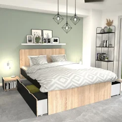 Lit double ZENIA 140x190 + 2 chevets + 2 tiroirs / Décor Chêne blanchi & noir>Weber Industries Online
