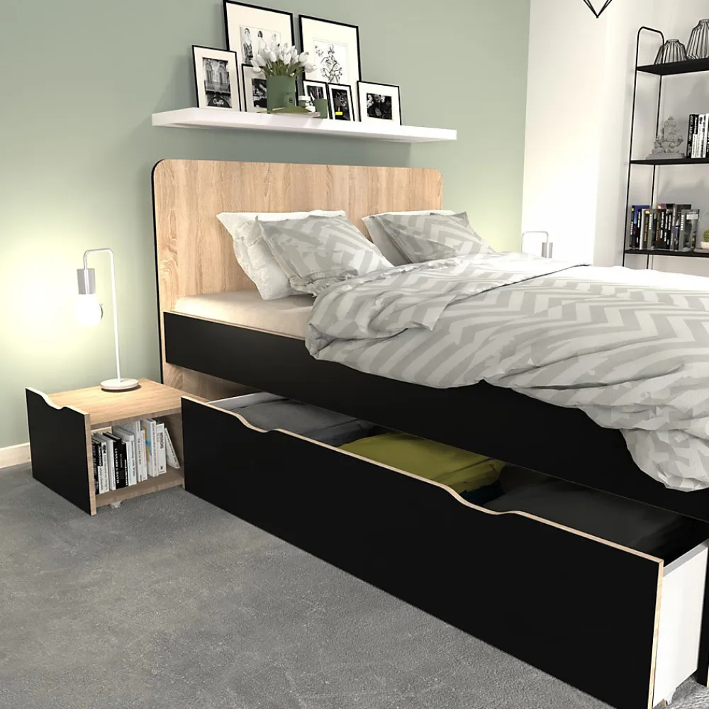 Lit double ZENIA 140x190 + 2 chevets + 2 tiroirs / Décor Chêne blanchi & noir>Weber Industries Online