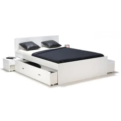 Lit double ZENIA 160x200 + 2 chevets + 2 tiroirs / Blanc><noscript><img width=