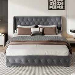Fortuna lai Lit Double,Lit 160 x 200 avec Sommier,Cadre de Lit avec Sommier à Lattes et Tête de Lit,Rembourrage à Boutons,sans Matelas,Gris* Lit Coffre