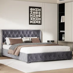 Fortuna lai Lit Double,Lit 160 x 200 avec Sommier,Cadre de Lit avec Sommier à Lattes et Tête de Lit,Rembourrage à Boutons,sans Matelas,Gris* Lit Coffre