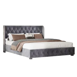 Fortuna lai Lit Double,Lit 160 x 200 avec Sommier,Cadre de Lit avec Sommier à Lattes et Tête de Lit,Rembourrage à Boutons,sans Matelas,Gris* Lit Coffre