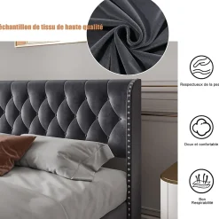 Fortuna lai Lit Double,Lit 160 x 200 avec Sommier,Cadre de Lit avec Sommier à Lattes et Tête de Lit,Rembourrage à Boutons,sans Matelas,Gris* Lit Coffre
