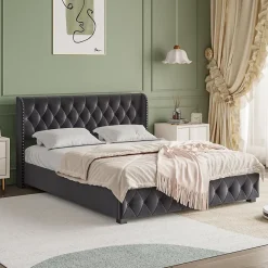 Fortuna lai Lit Double,Lit 160 x 200 avec Sommier,Cadre de Lit avec Sommier à Lattes et Tête de Lit,Rembourrage à Boutons,sans Matelas,Gris* Lit Coffre