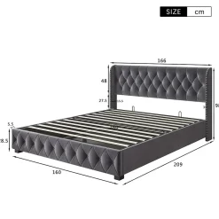 Fortuna lai Lit Double,Lit 160 x 200 avec Sommier,Cadre de Lit avec Sommier à Lattes et Tête de Lit,Rembourrage à Boutons,sans Matelas,Gris* Lit Coffre