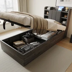 Lit en bois 90 par 200 cm lit hydraulique tête avec rangement ports USB et Type C lit simple couleur gris sans matelas>Redom