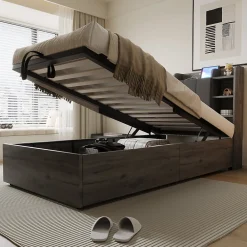 Lit en bois 90 par 200 cm lit hydraulique tête avec rangement ports USB et Type C lit simple couleur gris sans matelas><noscript><img width=