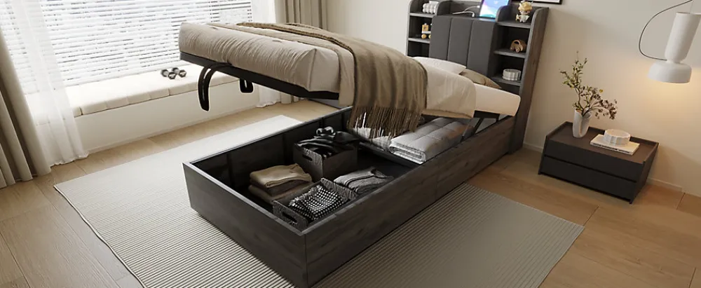 Lit en bois 90 par 200 cm lit hydraulique tête avec rangement ports USB et Type C lit simple couleur gris sans matelas>Redom