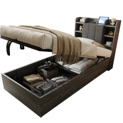 Lit en bois 90 par 200 cm lit hydraulique tête avec rangement ports USB et Type C lit simple couleur gris sans matelas><noscript><img width=