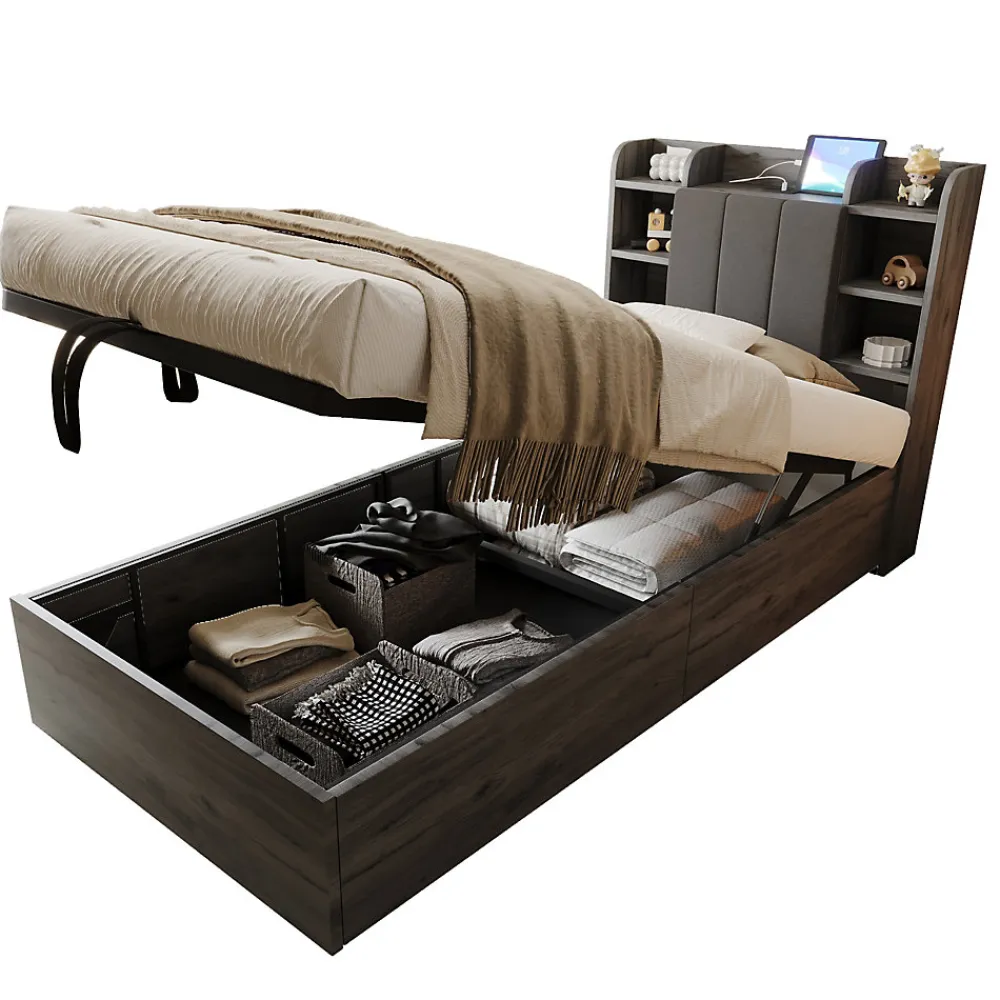 Lit en bois 90 par 200 cm lit hydraulique tête avec rangement ports USB et Type C lit simple couleur gris sans matelas>Redom