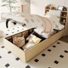 Redom Lit en bois 90 par 200 cm lit hydraulique tête avec rangement ports USB et type C lit simple couleur bois sans matelas* Lit Avec Rangement