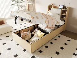 Redom Lit en bois 90 par 200 cm lit hydraulique tête avec rangement ports USB et type C lit simple couleur bois sans matelas* Lit Avec Rangement
