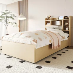 Redom Lit en bois 90 par 200 cm lit hydraulique tête avec rangement ports USB et type C lit simple couleur bois sans matelas* Lit Avec Rangement