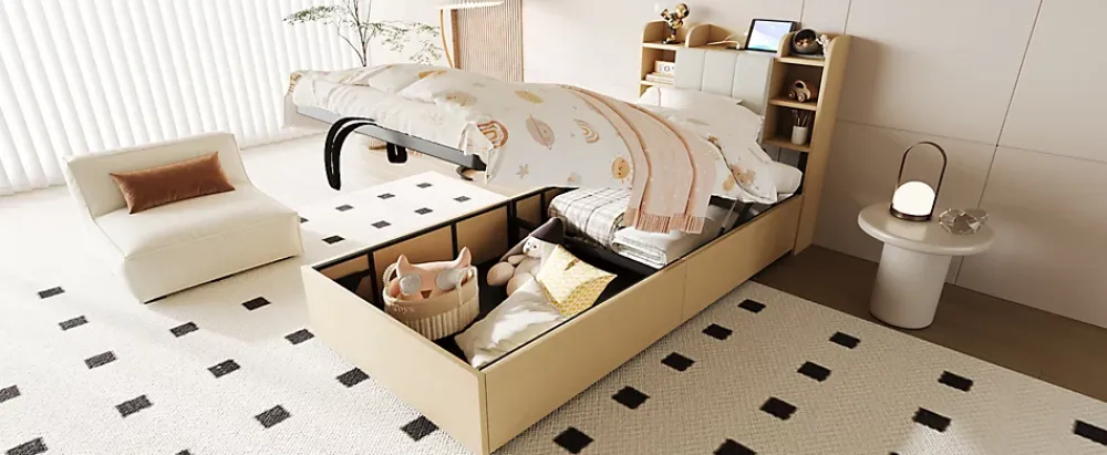 Redom Lit en bois 90 par 200 cm lit hydraulique tête avec rangement ports USB et type C lit simple couleur bois sans matelas* Lit Avec Rangement