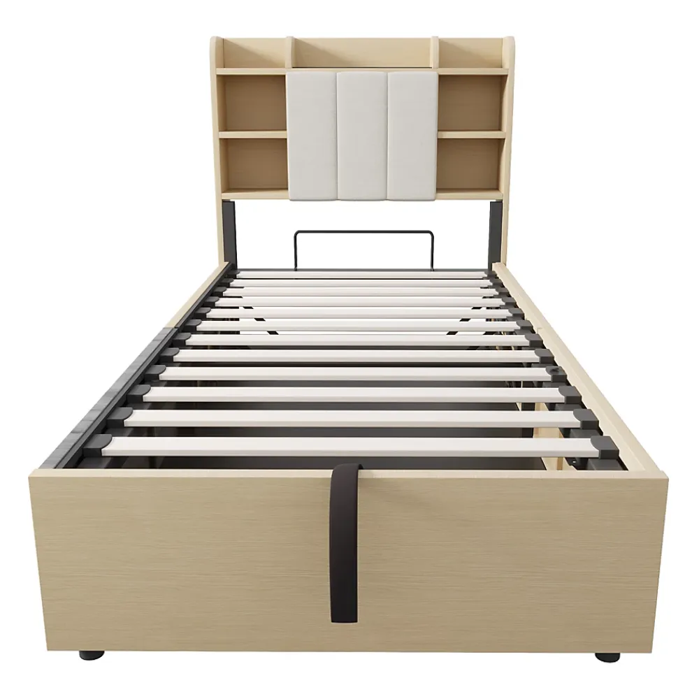 Redom Lit en bois 90 par 200 cm lit hydraulique tête avec rangement ports USB et type C lit simple couleur bois sans matelas* Lit Avec Rangement