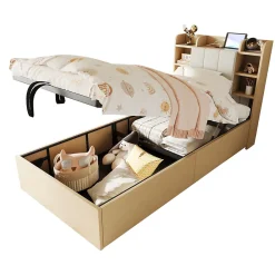 Redom Lit en bois 90 par 200 cm lit hydraulique tête avec rangement ports USB et type C lit simple couleur bois sans matelas* Lit Avec Rangement
