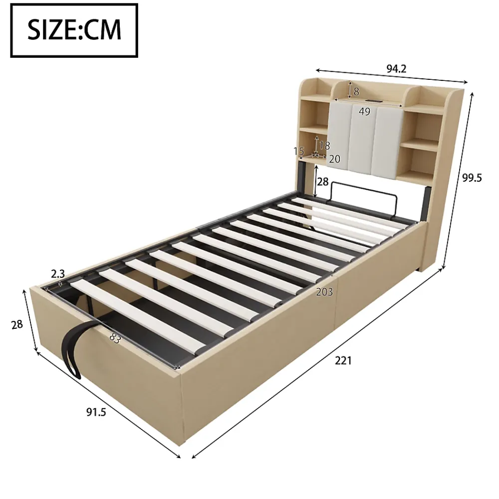 Redom Lit en bois 90 par 200 cm lit hydraulique tête avec rangement ports USB et type C lit simple couleur bois sans matelas* Lit Avec Rangement