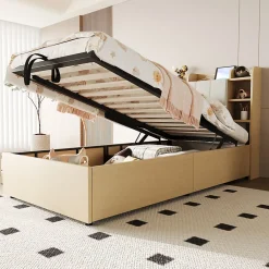 Redom Lit en bois 90 par 200 cm lit hydraulique tête avec rangement ports USB et type C lit simple couleur bois sans matelas* Lit Avec Rangement