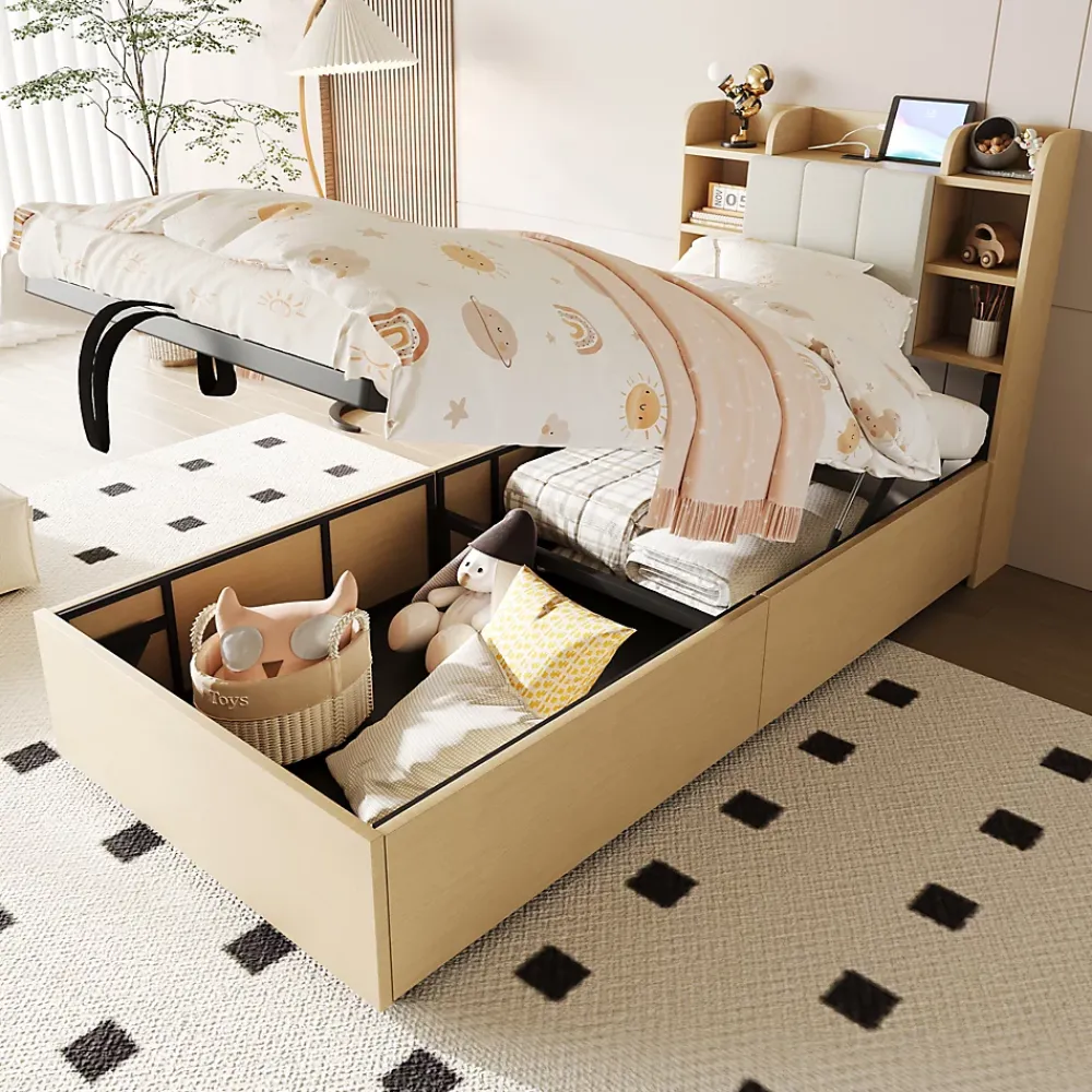 Redom Lit en bois 90 par 200 cm lit hydraulique tête avec rangement ports USB et type C lit simple couleur bois sans matelas* Lit Avec Rangement