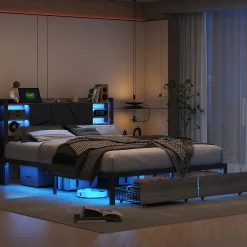 Lit en bois de fer 140x200 tête de lit lit avec lampe avec bout de lit double tiroirs chargeur><noscript><img width=