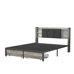 Lit en bois de fer 140x200 tête de lit lit avec lampe avec bout de lit double tiroirs chargeur><noscript><img width=