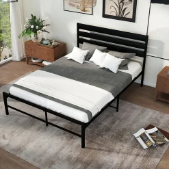 Lit en Métal Noir 140x200 cm - Lit Robuste et Moderne pour Chambre Ado - Sans Matelas - Cadre Métal><noscript><img width=