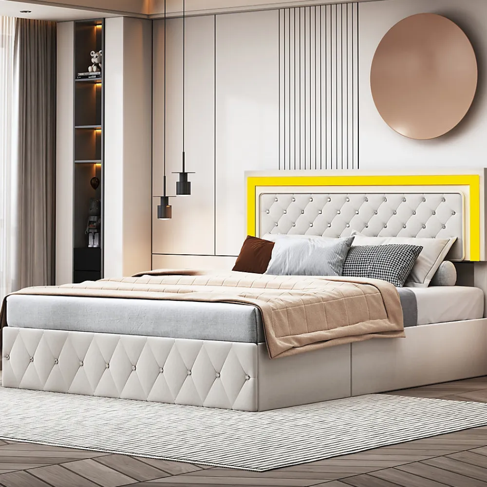 Lit en velours 140x200 cm avec rangements - Avec LED et sommier à lattes - Lit double avec rangements - Beige>Simple Life Outlet
