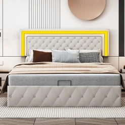 Lit en velours 140x200 cm avec rangements - Avec LED et sommier à lattes - Lit double avec rangements - Beige>Simple Life Outlet