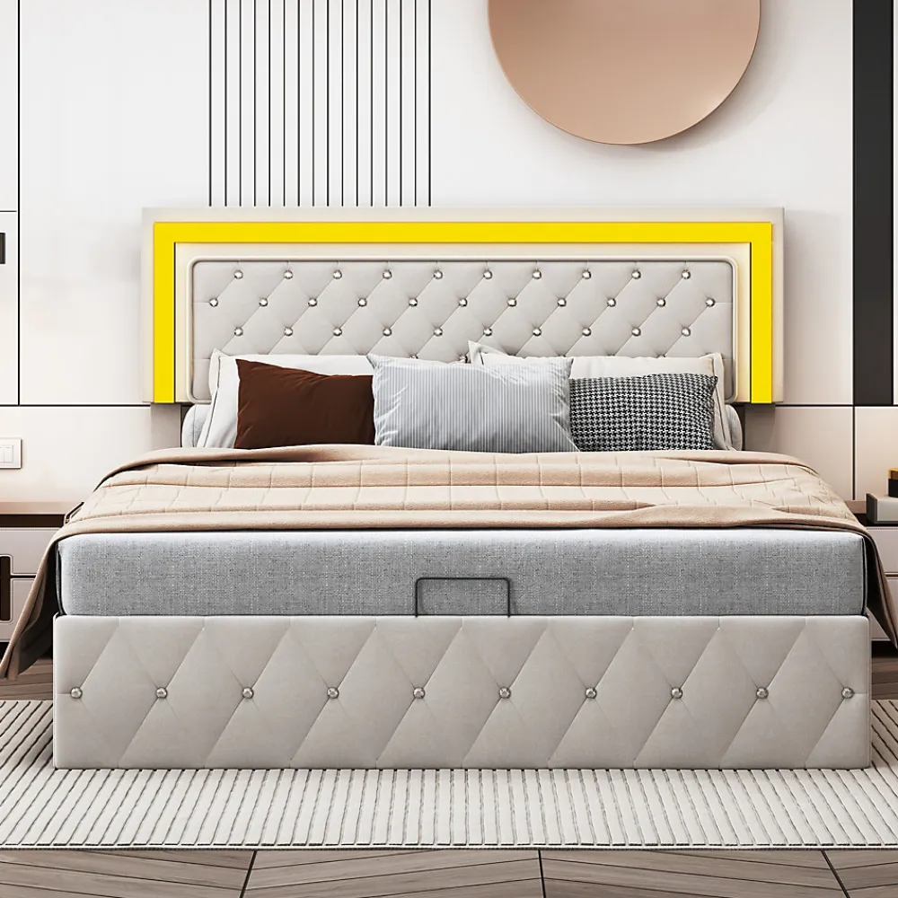 Lit en velours 140x200 cm avec rangements - Avec LED et sommier à lattes - Lit double avec rangements - Beige>Simple Life Outlet