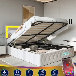 Lit en velours 140x200 cm avec rangements - Avec LED et sommier à lattes - Lit double avec rangements - Beige><noscript><img width=