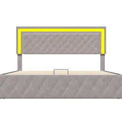 Lit en velours 140x200 cm avec rangements - Avec LED et sommier à lattes - Lit double avec rangements - Beige><noscript><img width=