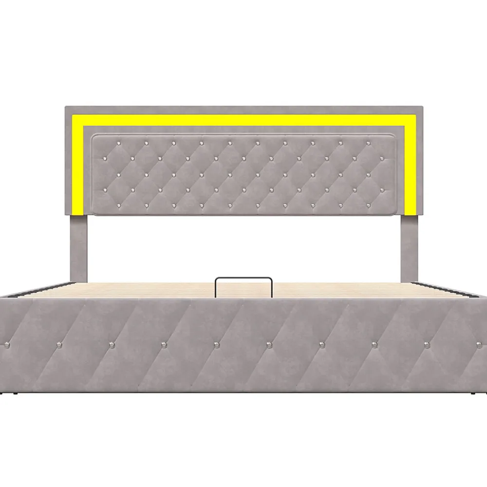 Lit en velours 140x200 cm avec rangements - Avec LED et sommier à lattes - Lit double avec rangements - Beige>Simple Life Outlet