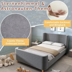 Generique Lit Enfant - Lit Simple avec Design Traîneau et Revêtement Velours Motif Espace - Structure Métal et Bois Gris - 90 x 200 cm* Lit Simple