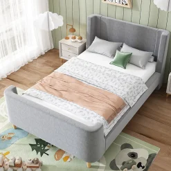 Generique Lit Enfant - Lit Simple avec Design Traîneau et Revêtement Velours Motif Espace - Structure Métal et Bois Gris - 90 x 200 cm* Lit Simple