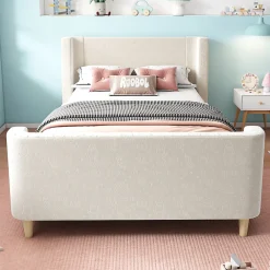 Lit Enfant - Lit Simple avec Design Traîneau et Revêtement Velours Motif Espace - Structure Métal et Bois Beige - 90 x 200 cm>Generique Clearance