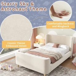 Lit Enfant - Lit Simple avec Design Traîneau et Revêtement Velours Motif Espace - Structure Métal et Bois Beige - 90 x 200 cm><noscript><img width=