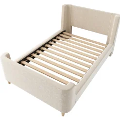 Lit Enfant - Lit Simple avec Design Traîneau et Revêtement Velours Motif Espace - Structure Métal et Bois Beige - 90 x 200 cm><noscript><img width=
