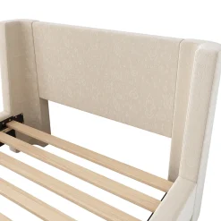 Lit Enfant - Lit Simple avec Design Traîneau et Revêtement Velours Motif Espace - Structure Métal et Bois Beige - 90 x 200 cm><noscript><img width=