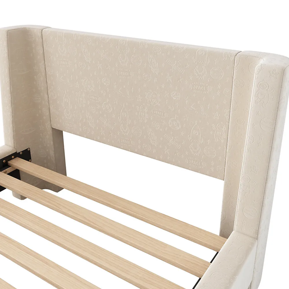 Lit Enfant - Lit Simple avec Design Traîneau et Revêtement Velours Motif Espace - Structure Métal et Bois Beige - 90 x 200 cm>Generique Clearance