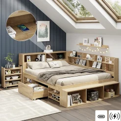 Lit enfant 140 x 200 cm - avec 1 tiroir - avec bibliothèque et rangement - sommier à lattes - naturel (matelas non inclus)>ModernLuxe Clearance