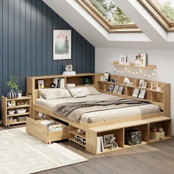 Lit enfant 140 x 200 cm - avec 1 tiroir - avec bibliothèque et rangement - sommier à lattes - naturel (matelas non inclus)>ModernLuxe Clearance